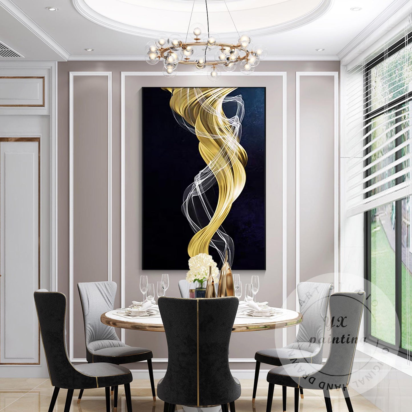 Navy Blue Gold Abstract Ribbon Painting, Luxury Gold Leaf Canvas Art, Extra Larg #2