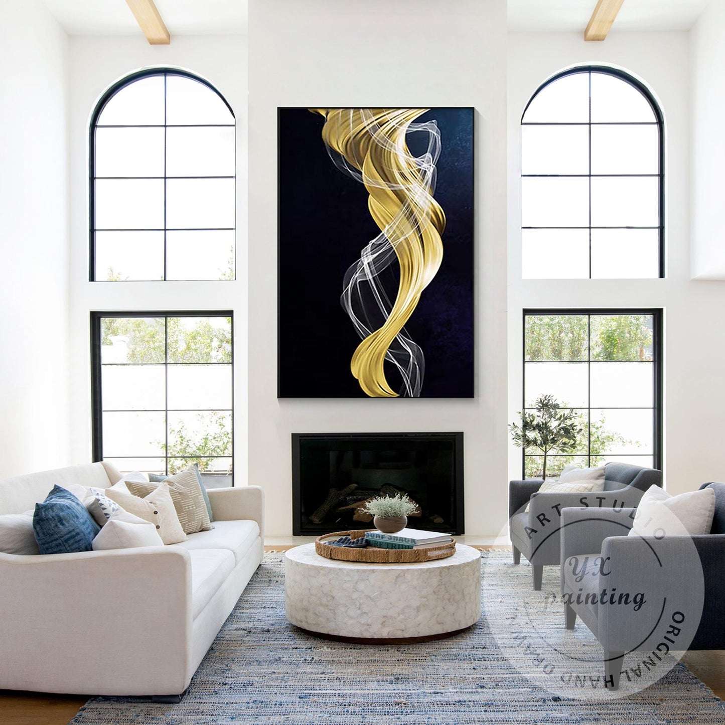 Navy Blue Gold Abstract Ribbon Painting, Luxury Gold Leaf Canvas Art, Extra Larg #3