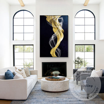 Navy Blue Gold Abstract Ribbon Painting, Luxury Gold Leaf Canvas Art, Extra Larg #3
