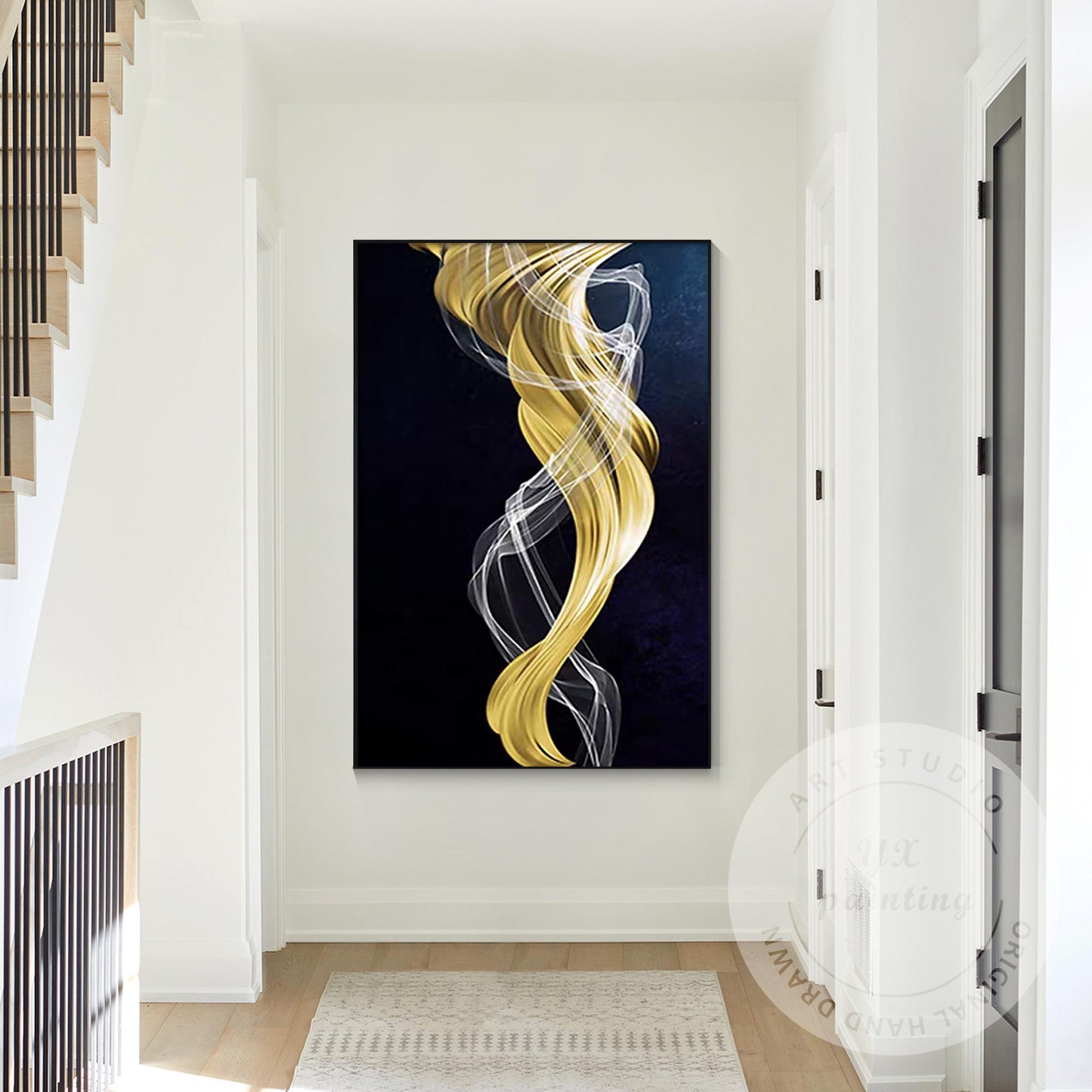Navy Blue Gold Abstract Ribbon Painting, Luxury Gold Leaf Canvas Art, Extra Larg #4