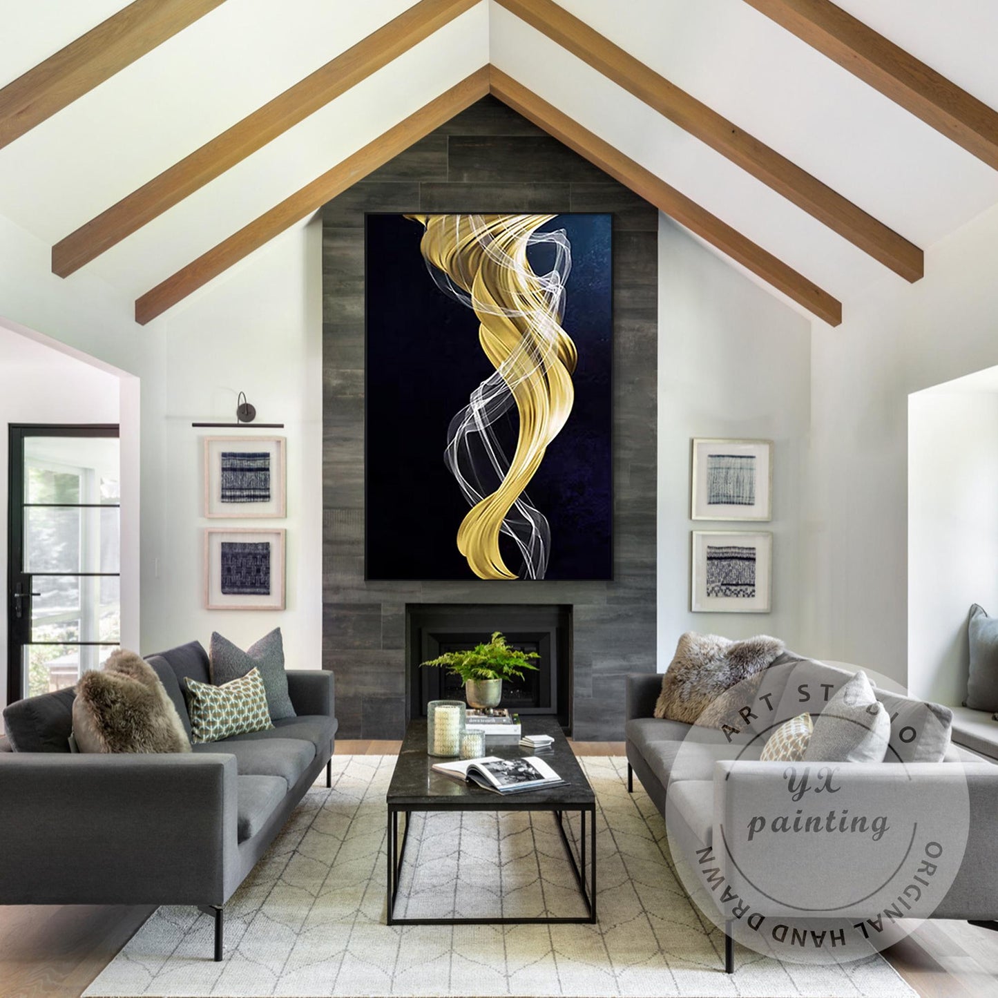 Navy Blue Gold Abstract Ribbon Painting, Luxury Gold Leaf Canvas Art, Extra Larg #5