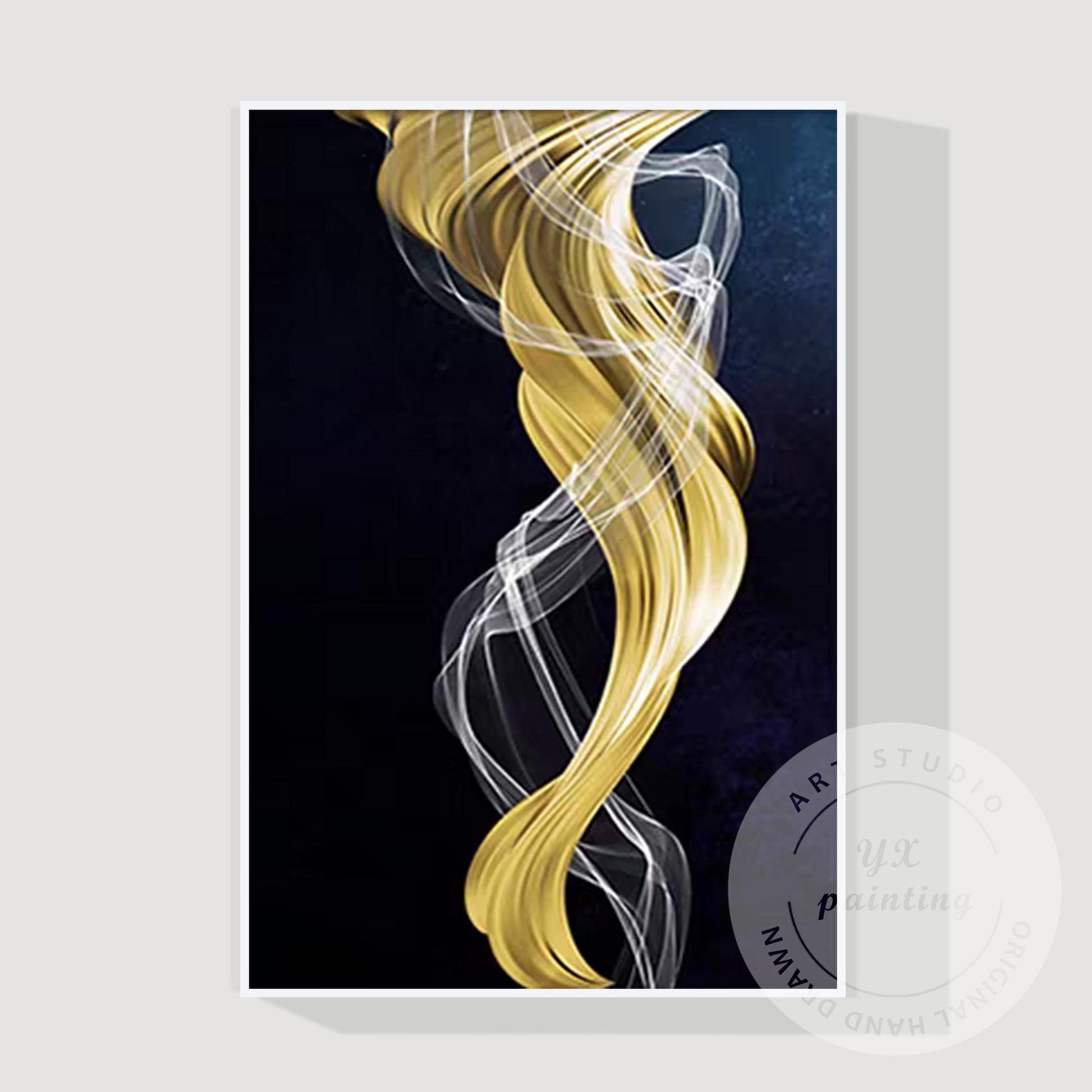 Navy Blue Gold Abstract Ribbon Painting, Luxury Gold Leaf Canvas Art, Extra Larg #6