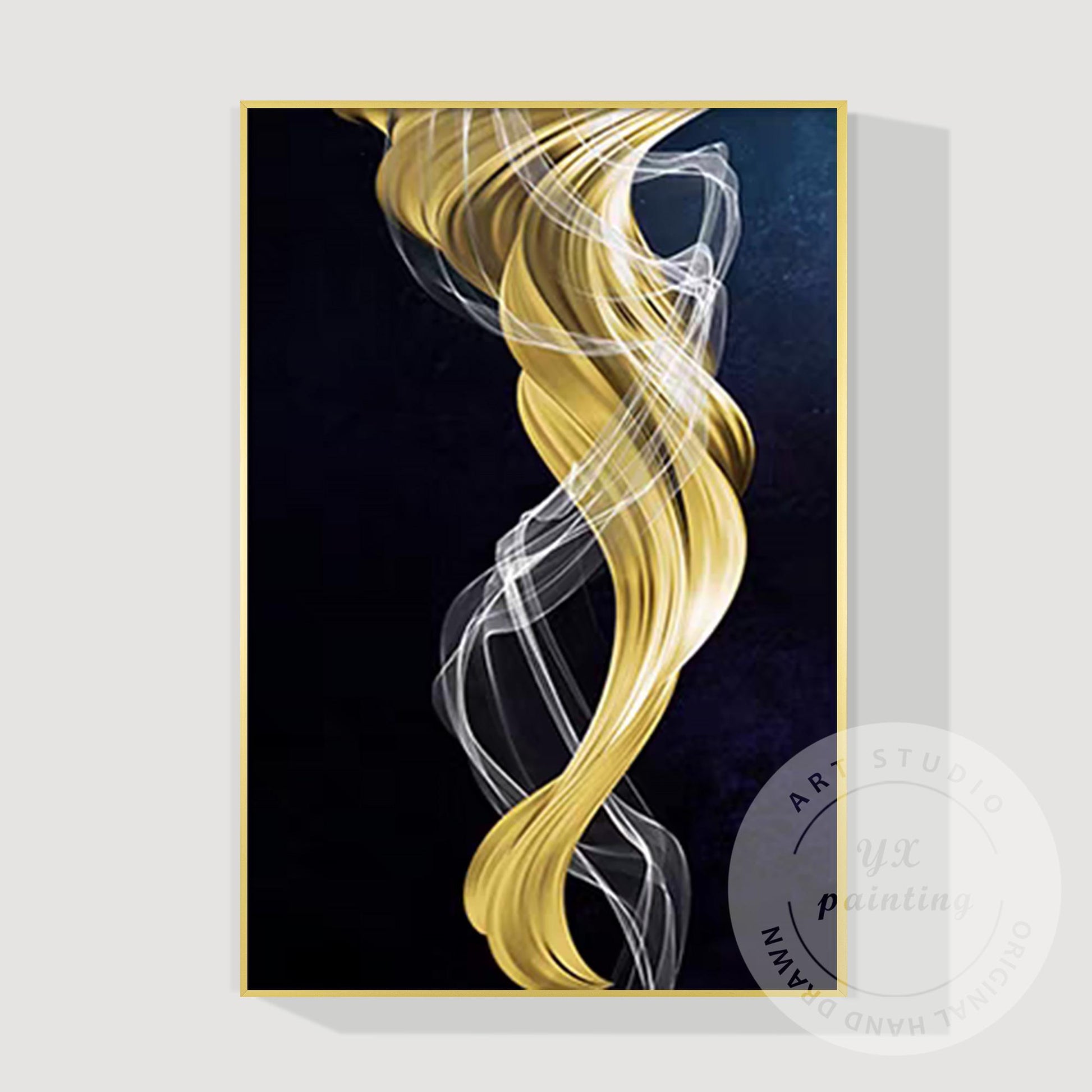 Navy Blue Gold Abstract Ribbon Painting, Luxury Gold Leaf Canvas Art, Extra Larg #9