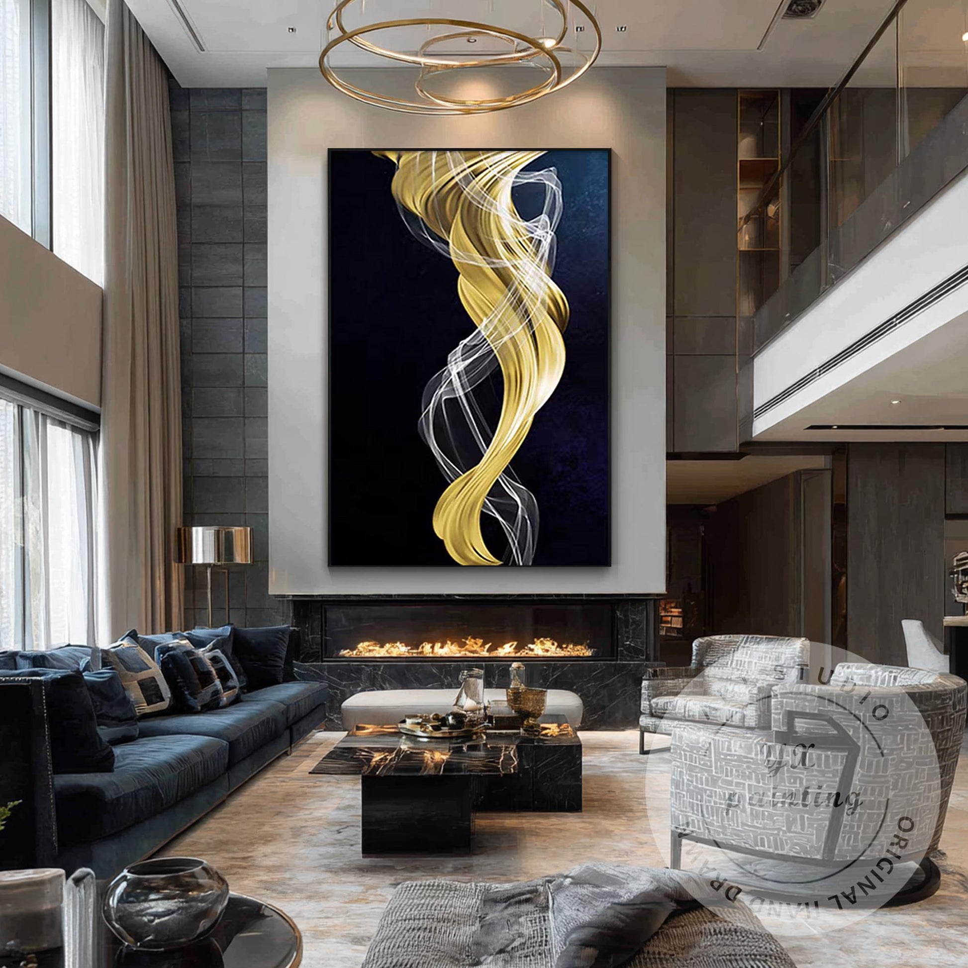 Navy Blue Gold Abstract Ribbon Painting, Luxury Gold Leaf Canvas Art, Extra Larg #1