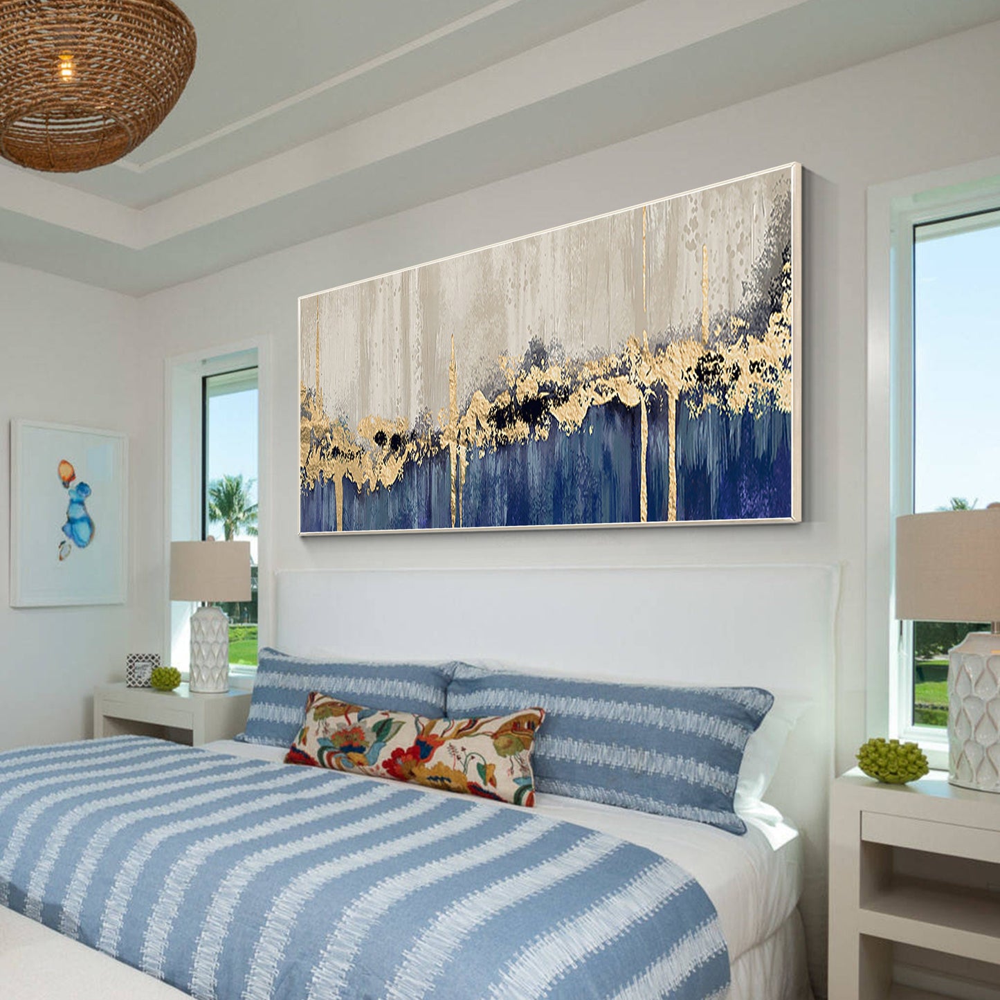 Navy Blue Gold Foil Abstract Painting: Large Horizontal Canvas Art #2