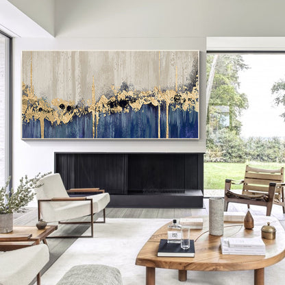 Navy Blue Gold Foil Abstract Painting: Large Horizontal Canvas Art #3