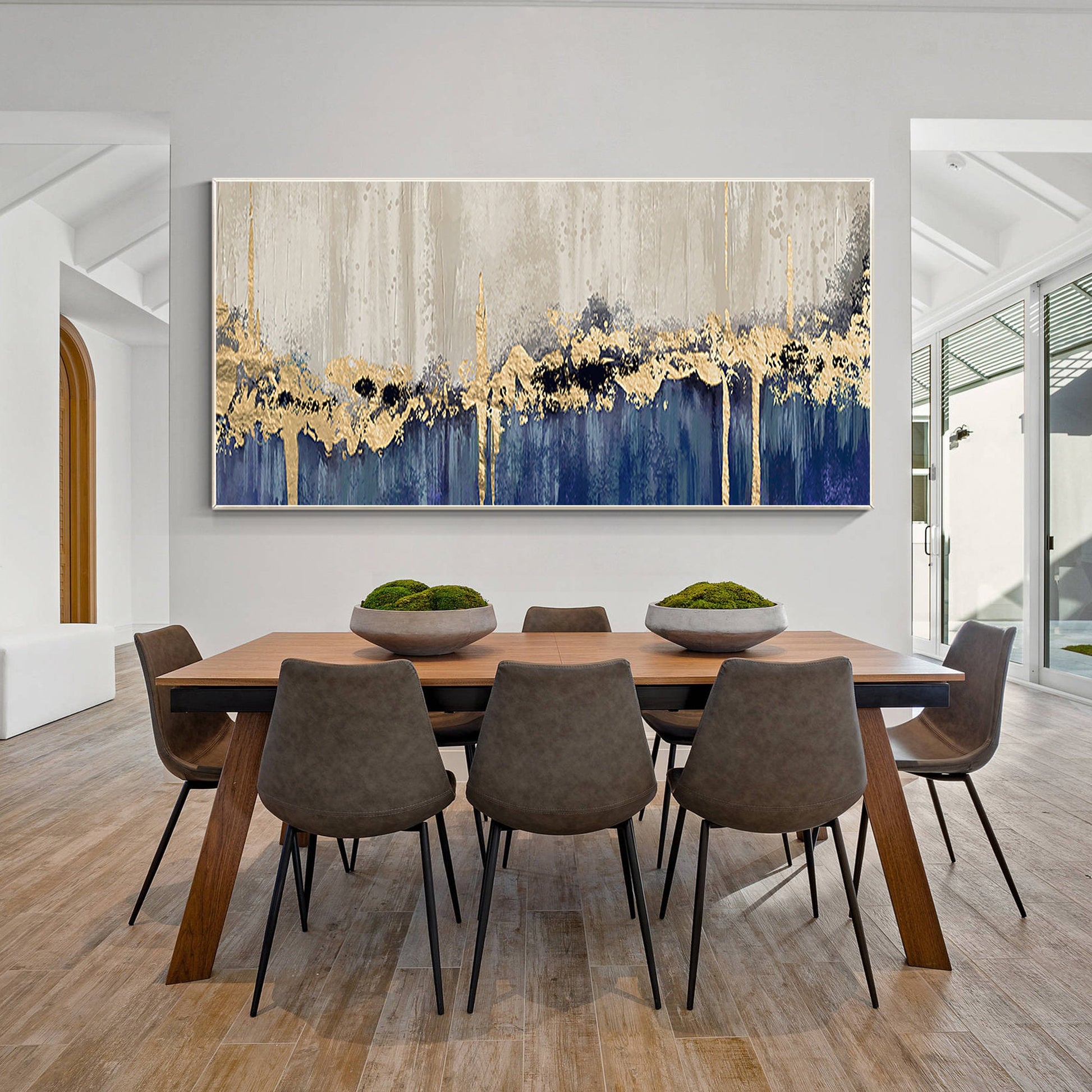 Navy Blue Gold Foil Abstract Painting: Large Horizontal Canvas Art #4