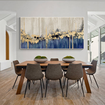 Navy Blue Gold Foil Abstract Painting: Large Horizontal Canvas Art #4