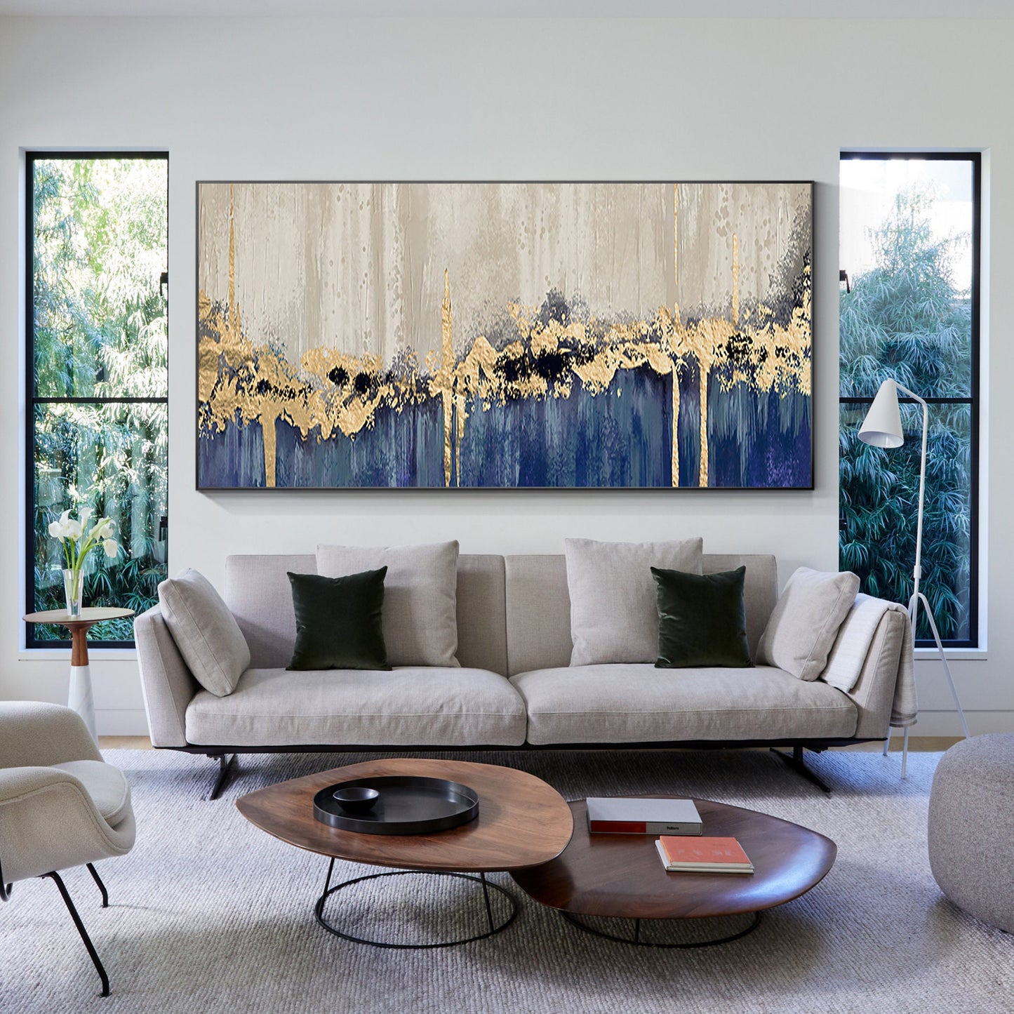 Navy Blue Gold Foil Abstract Painting: Large Horizontal Canvas Art #5