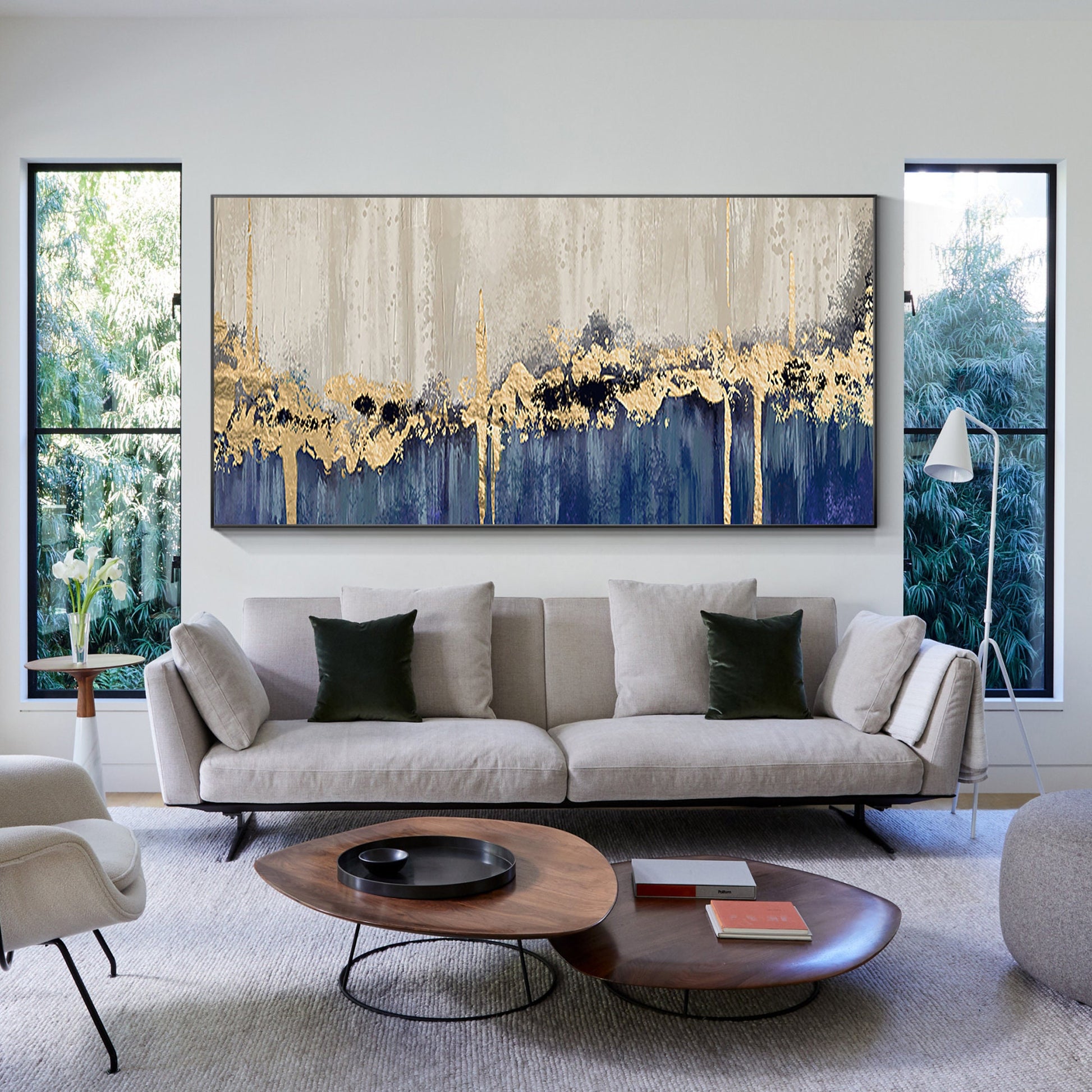 Navy Blue Gold Foil Abstract Painting: Large Horizontal Canvas Art #5