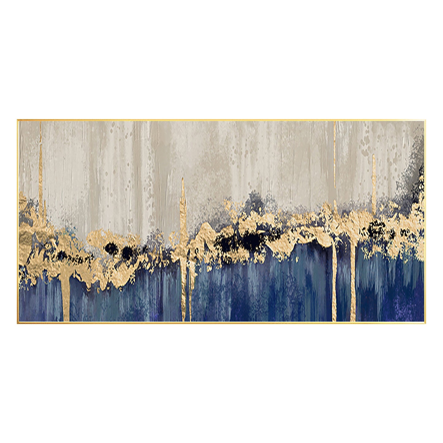 Navy Blue Gold Foil Abstract Painting: Large Horizontal Canvas Art #8