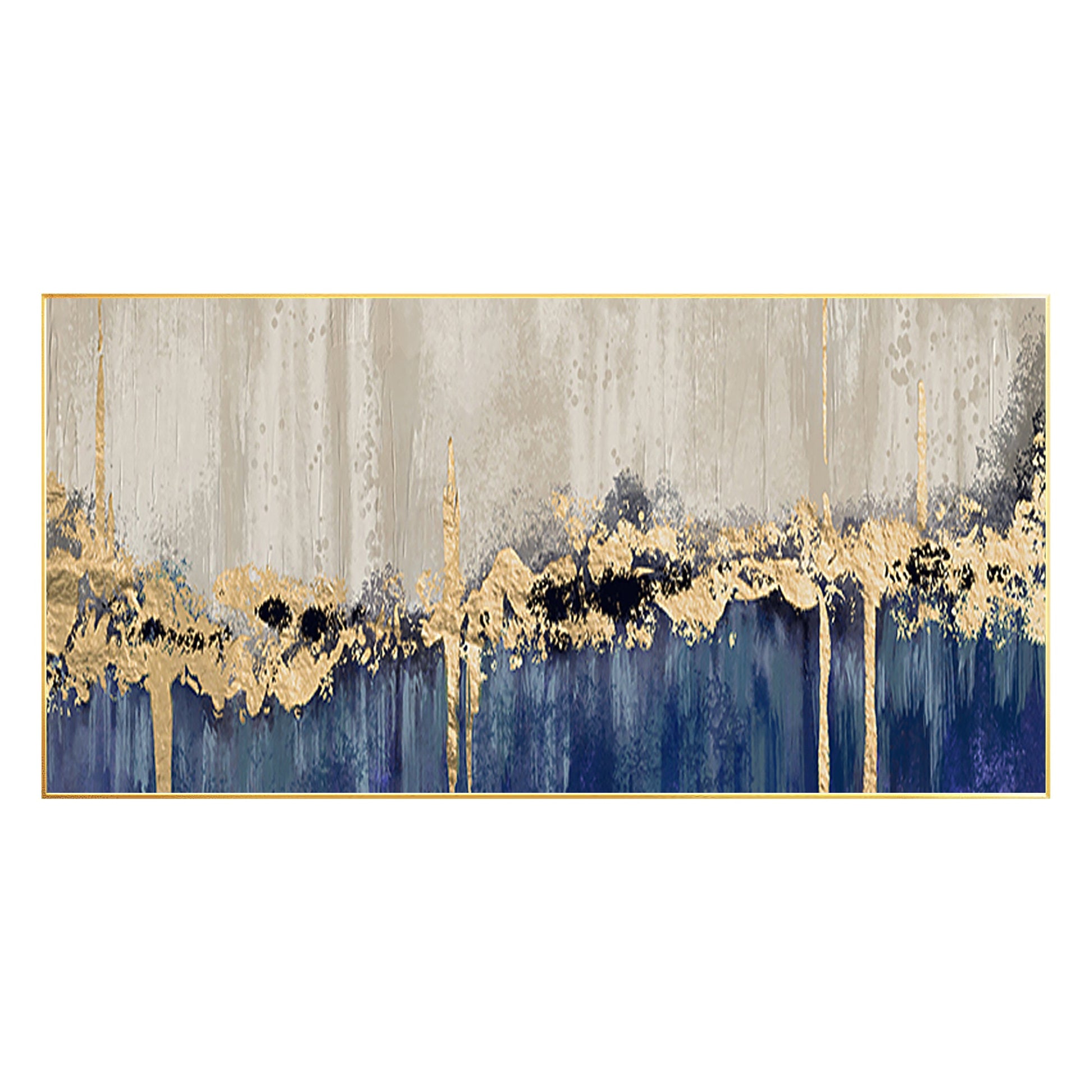 Navy Blue Gold Foil Abstract Painting: Large Horizontal Canvas Art #8
