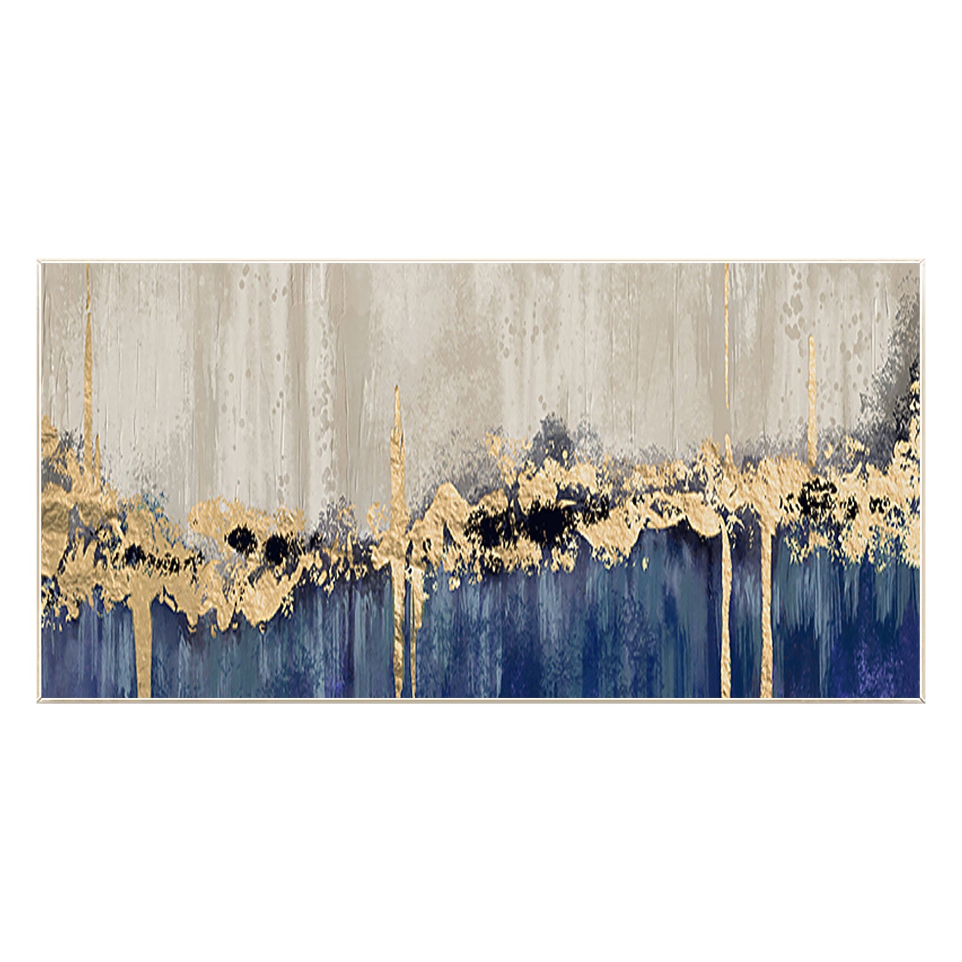 Navy Blue Gold Foil Abstract Painting: Large Horizontal Canvas Art #9