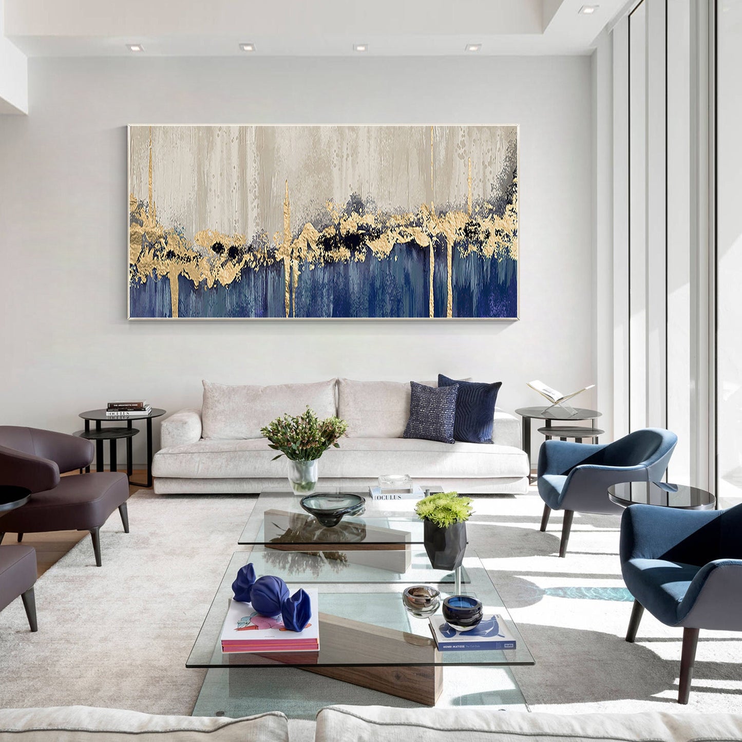 Navy Blue Gold Foil Abstract Painting: Large Horizontal Canvas Art #1