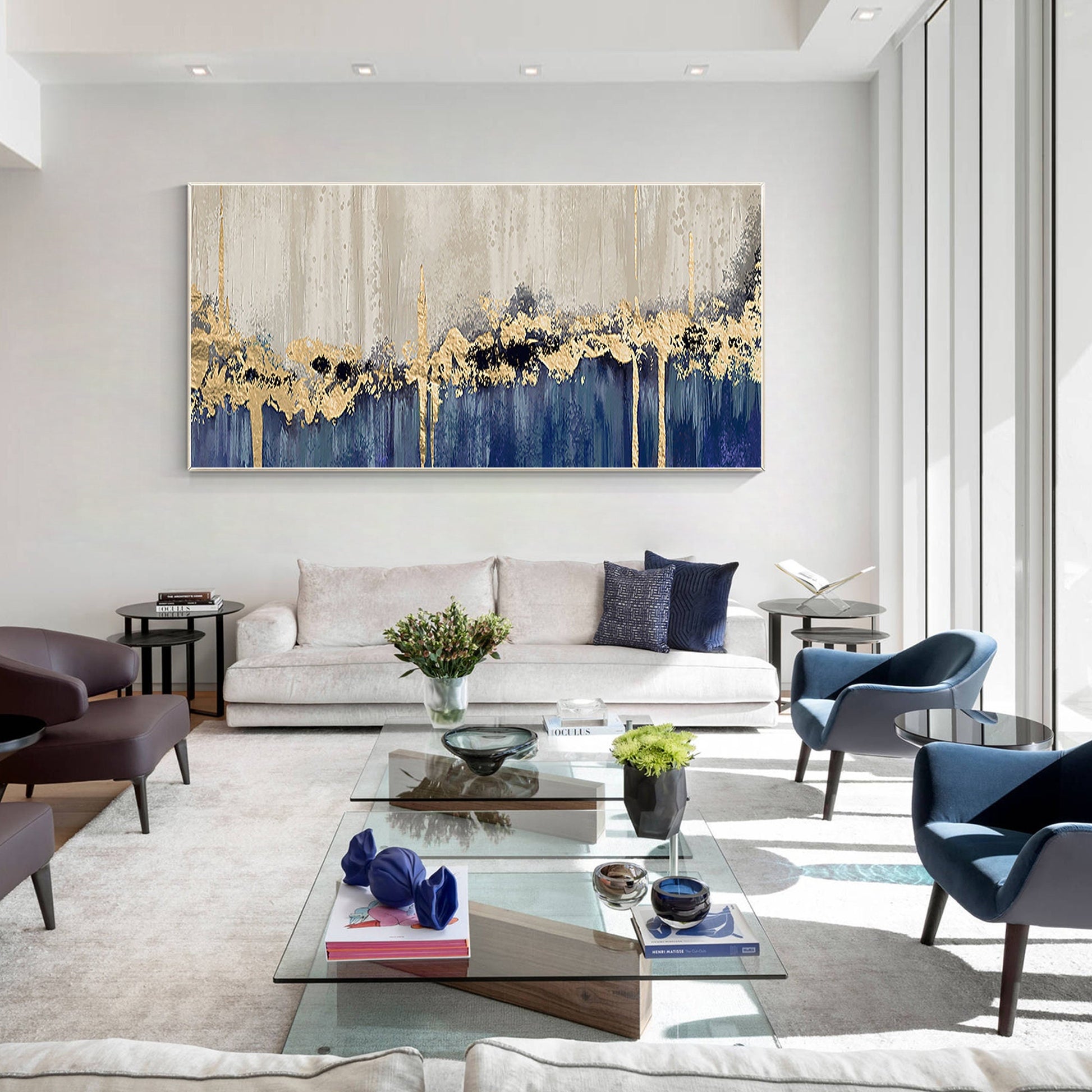 Navy Blue Gold Foil Abstract Painting: Large Horizontal Canvas Art #1