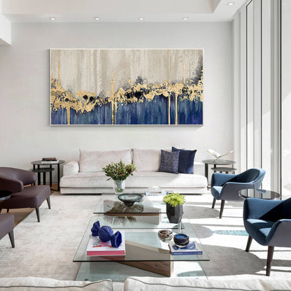 Navy Blue Gold Foil Abstract Painting: Large Horizontal Canvas Art #1
