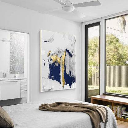 Navy Blue Gold Foil Abstract Painting on Canvas: Modern Wall Art #2