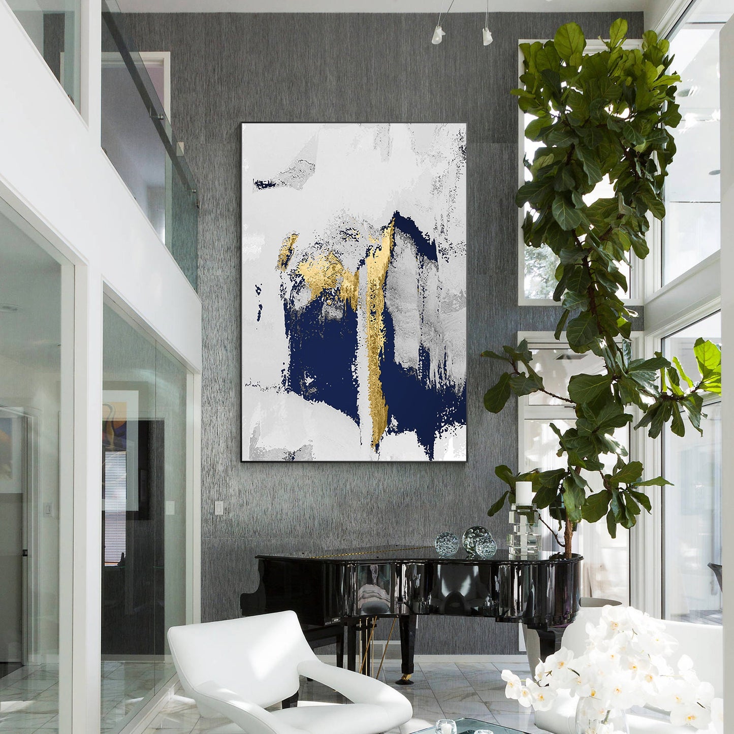 Navy Blue Gold Foil Abstract Painting on Canvas: Modern Wall Art #3