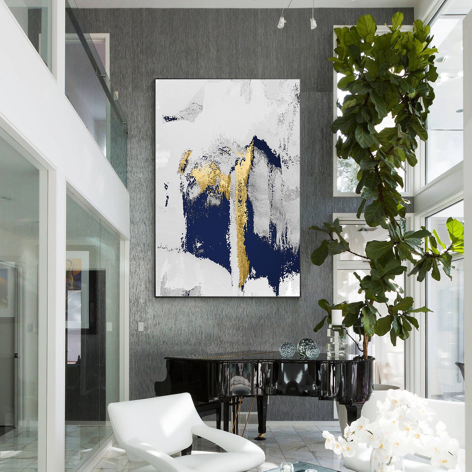 Navy Blue Gold Foil Abstract Painting on Canvas: Modern Wall Art #3