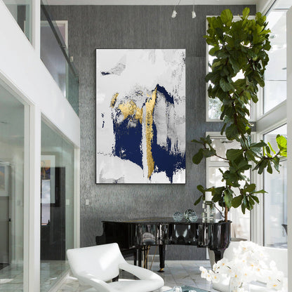 Navy Blue Gold Foil Abstract Painting on Canvas: Modern Wall Art #3