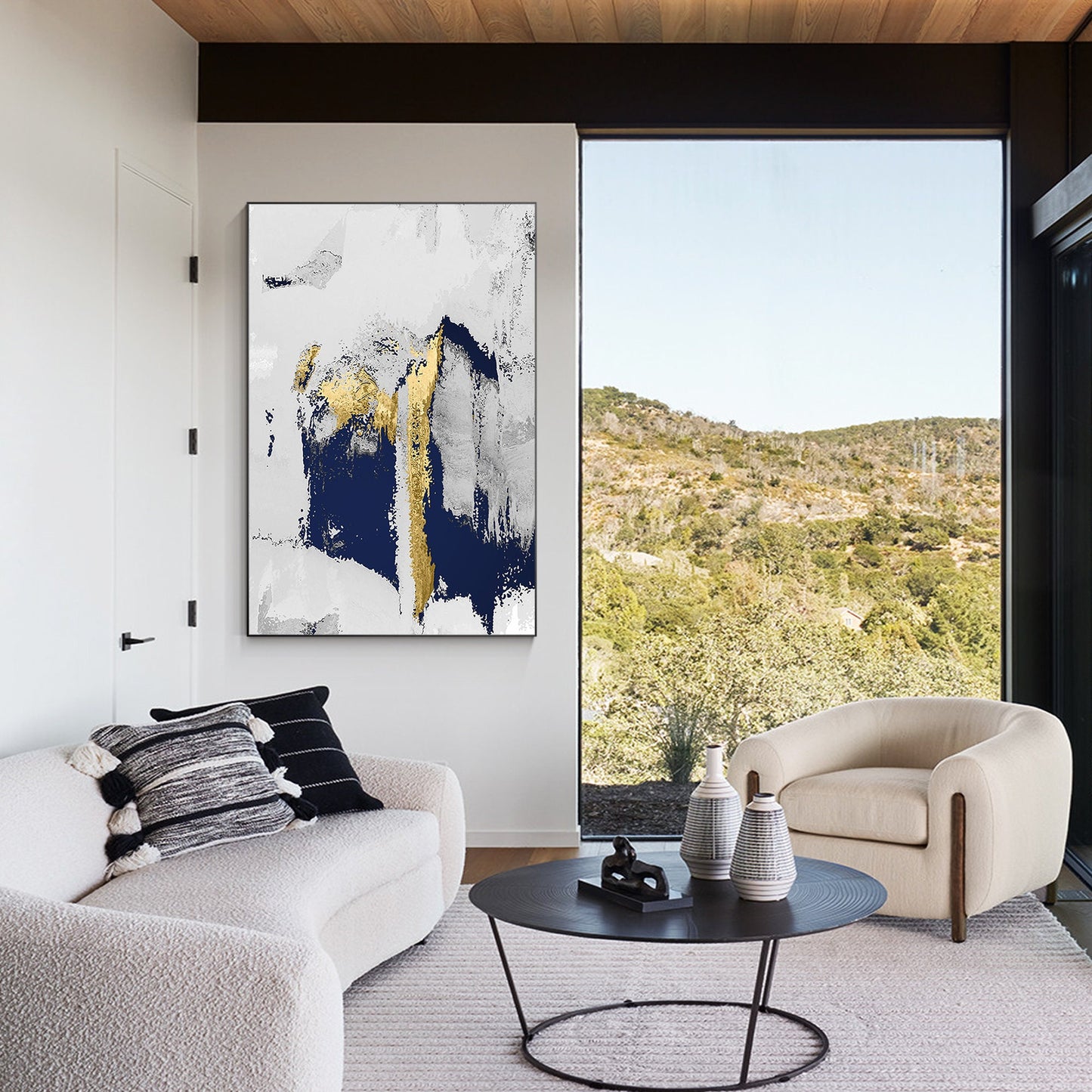 Navy Blue Gold Foil Abstract Painting on Canvas: Modern Wall Art #4