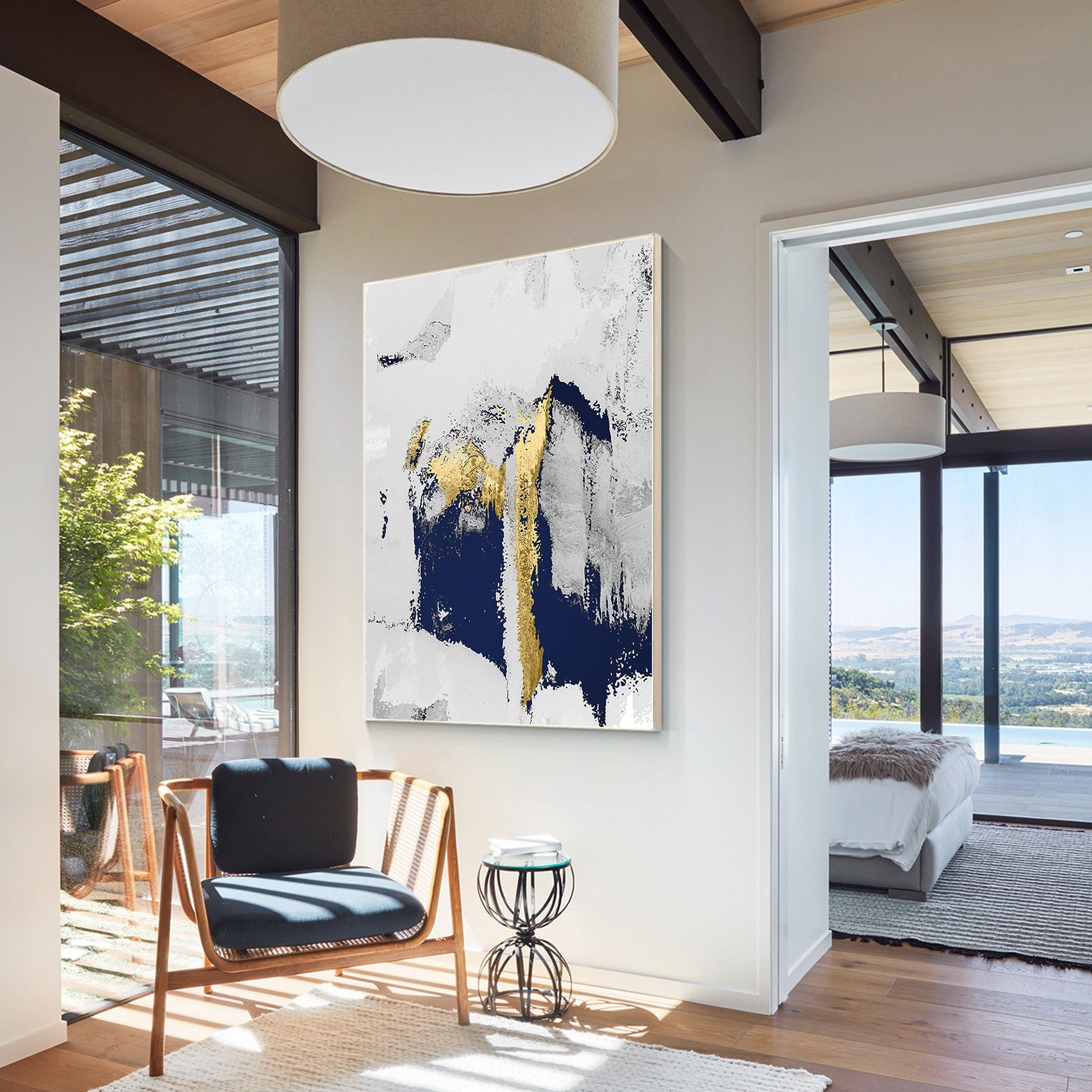 Navy Blue Gold Foil Abstract Painting on Canvas: Modern Wall Art #5
