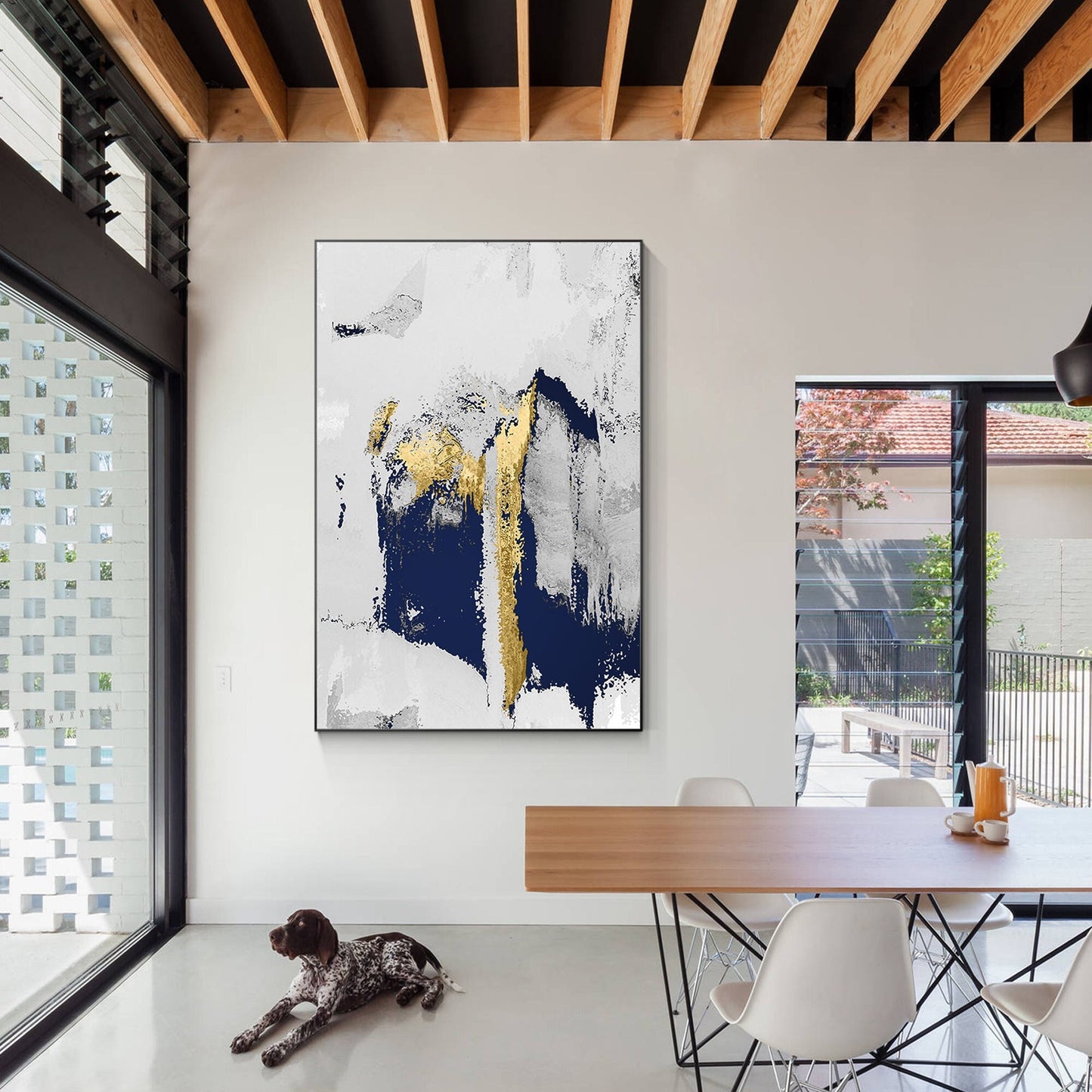 Navy Blue Gold Foil Abstract Painting on Canvas: Modern Wall Art #1