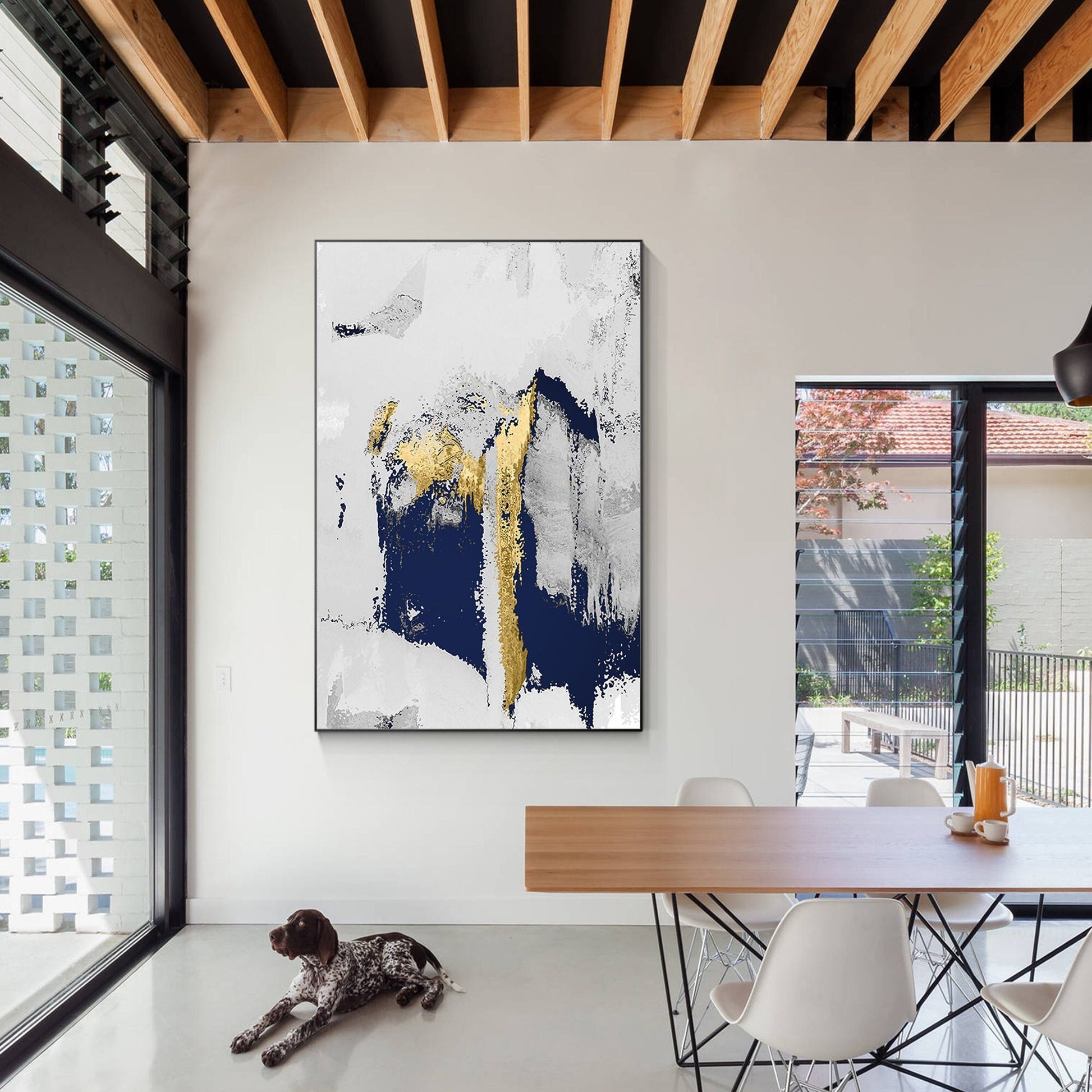 Navy Blue Gold Foil Abstract Painting on Canvas: Modern Wall Art #1