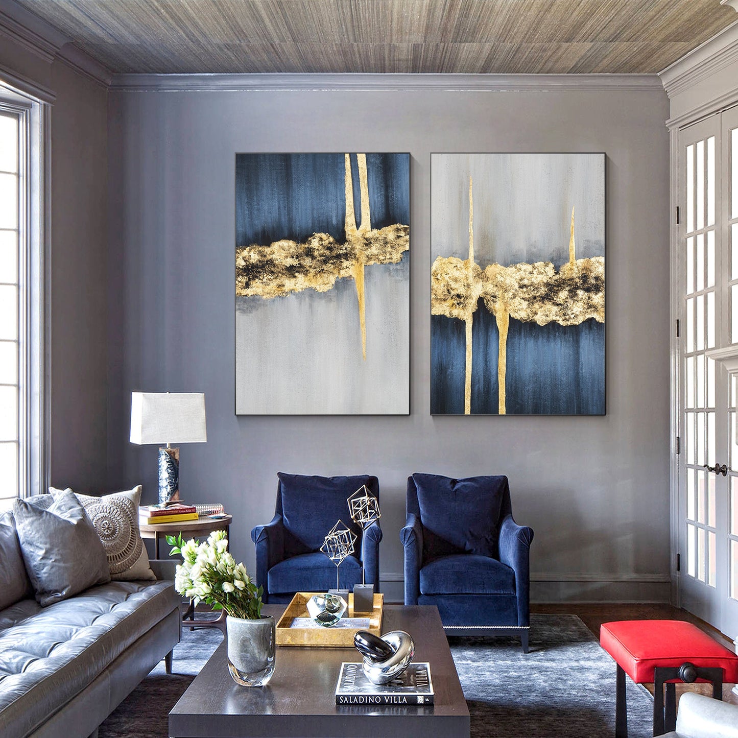 Navy Blue Gold Foil Abstract Painting Set: Luxury Home Decor #2