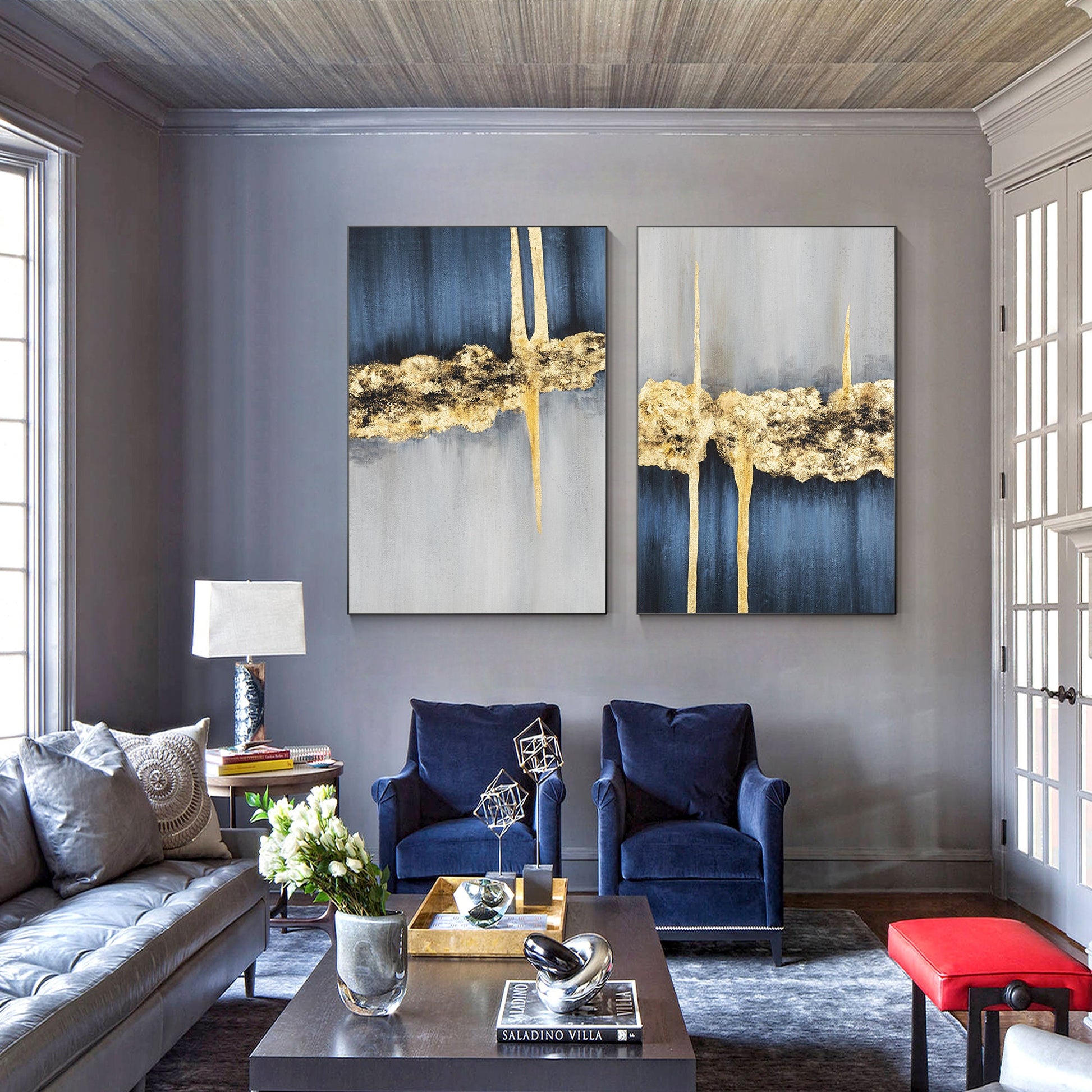 Navy Blue Gold Foil Abstract Painting Set: Luxury Home Decor #2