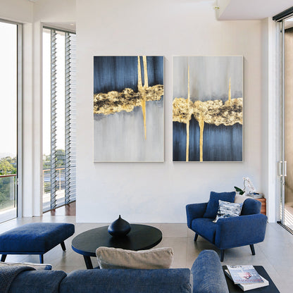 Navy Blue Gold Foil Abstract Painting Set: Luxury Home Decor #4