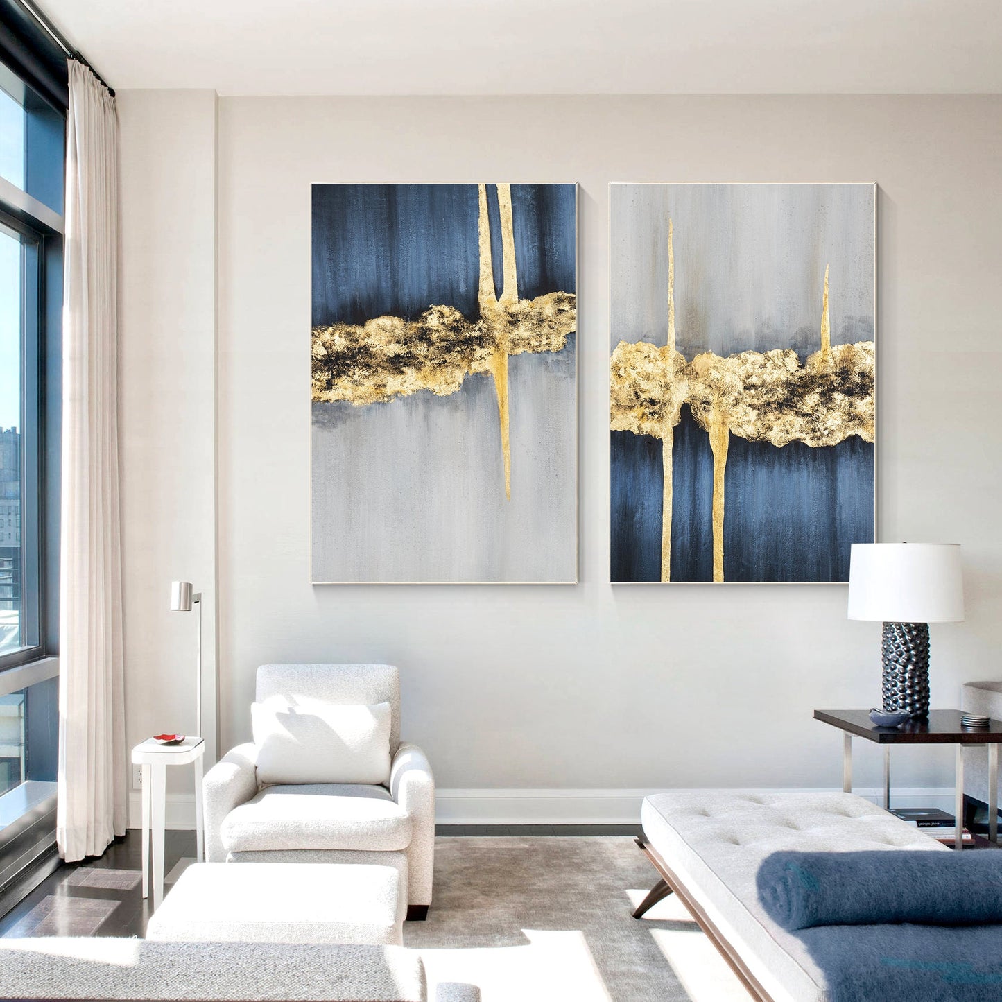 Navy Blue Gold Foil Abstract Painting Set: Luxury Home Decor #6