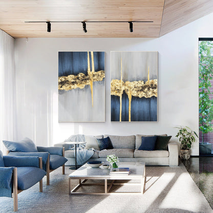 Navy Blue Gold Foil Abstract Painting Set: Luxury Home Decor #1