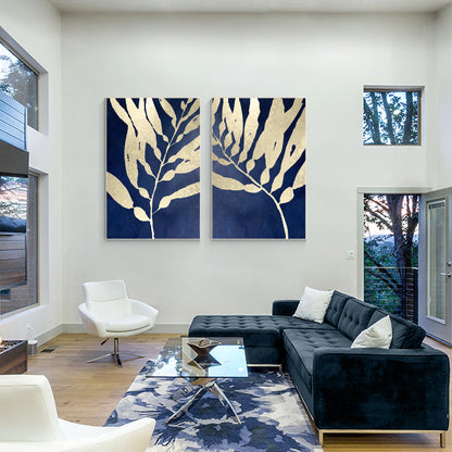 Navy Blue Gold Leaf Original Tropical Painting Diptych Wall Art, Set of 2 pieces #2