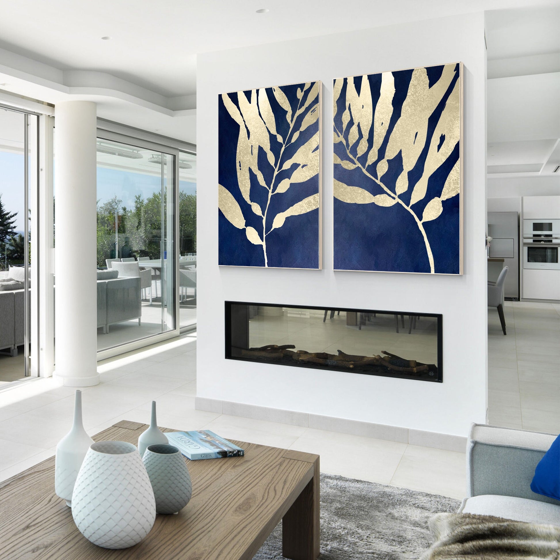 Navy Blue Gold Leaf Original Tropical Painting Diptych Wall Art, Set of 2 pieces #3