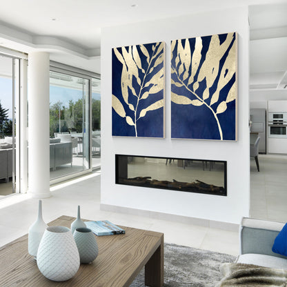 Navy Blue Gold Leaf Original Tropical Painting Diptych Wall Art, Set of 2 pieces #3