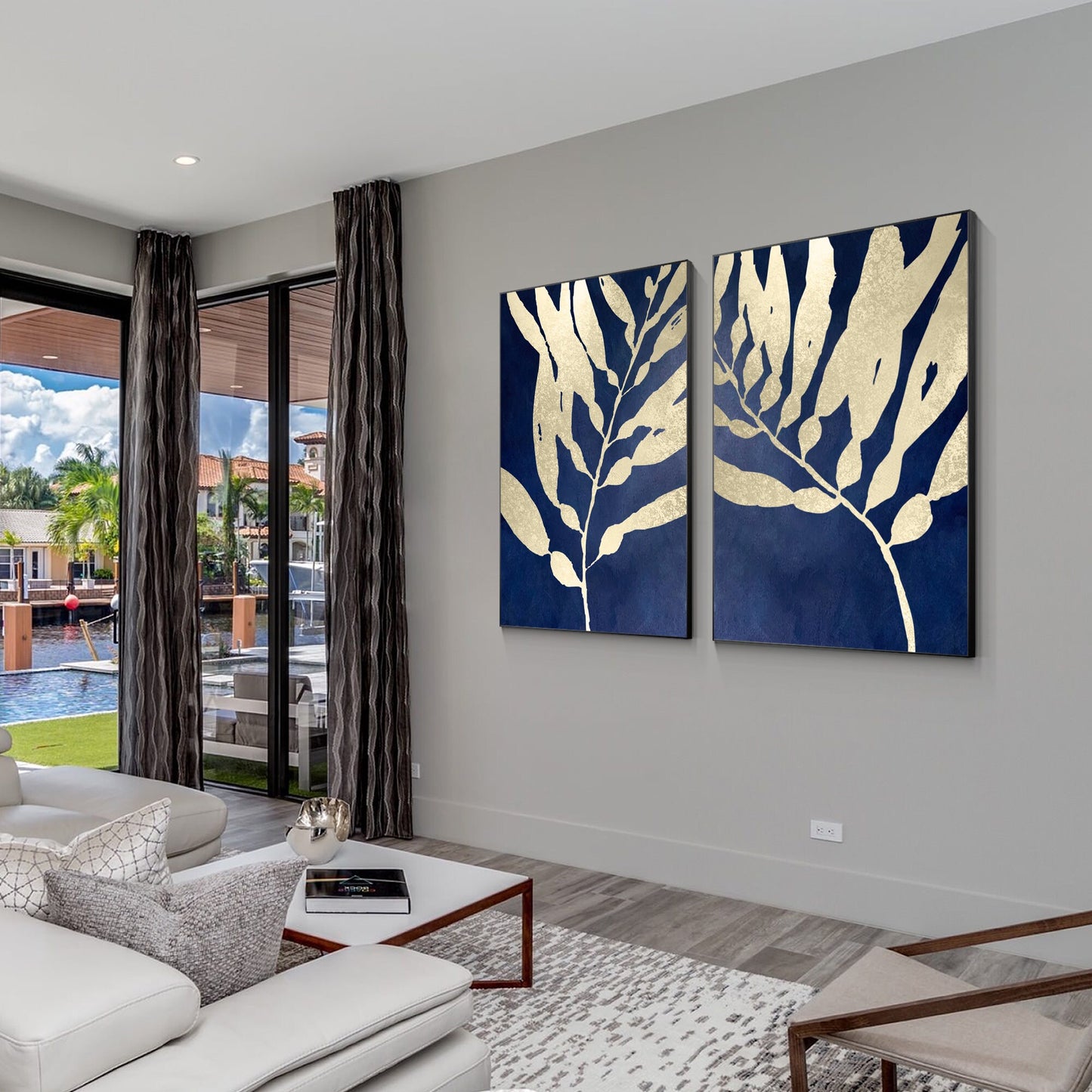 Navy Blue Gold Leaf Original Tropical Painting Diptych Wall Art, Set of 2 pieces #4