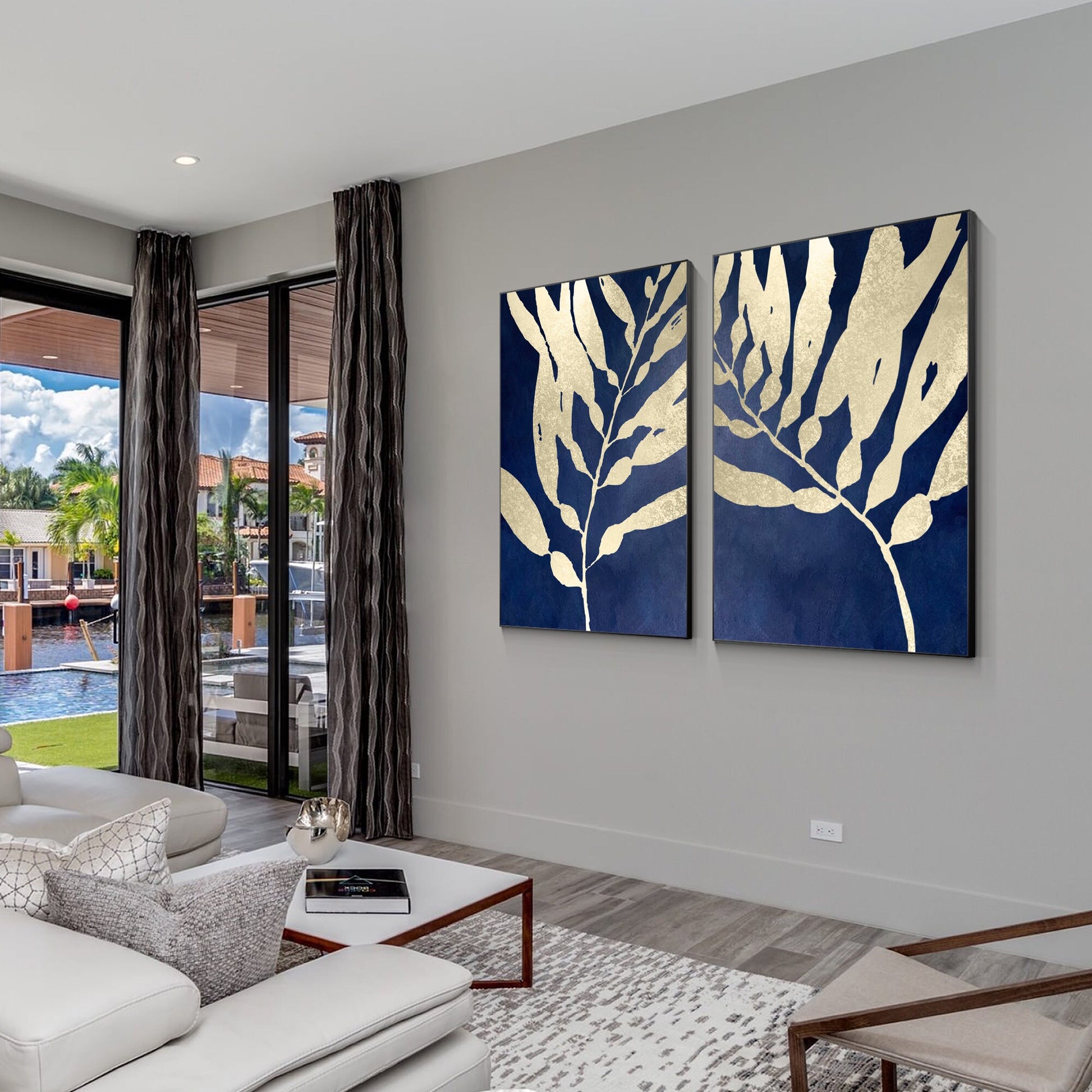Navy Blue Gold Leaf Original Tropical Painting Diptych Wall Art, Set of 2 pieces #4