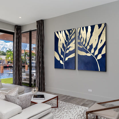 Navy Blue Gold Leaf Original Tropical Painting Diptych Wall Art, Set of 2 pieces #4