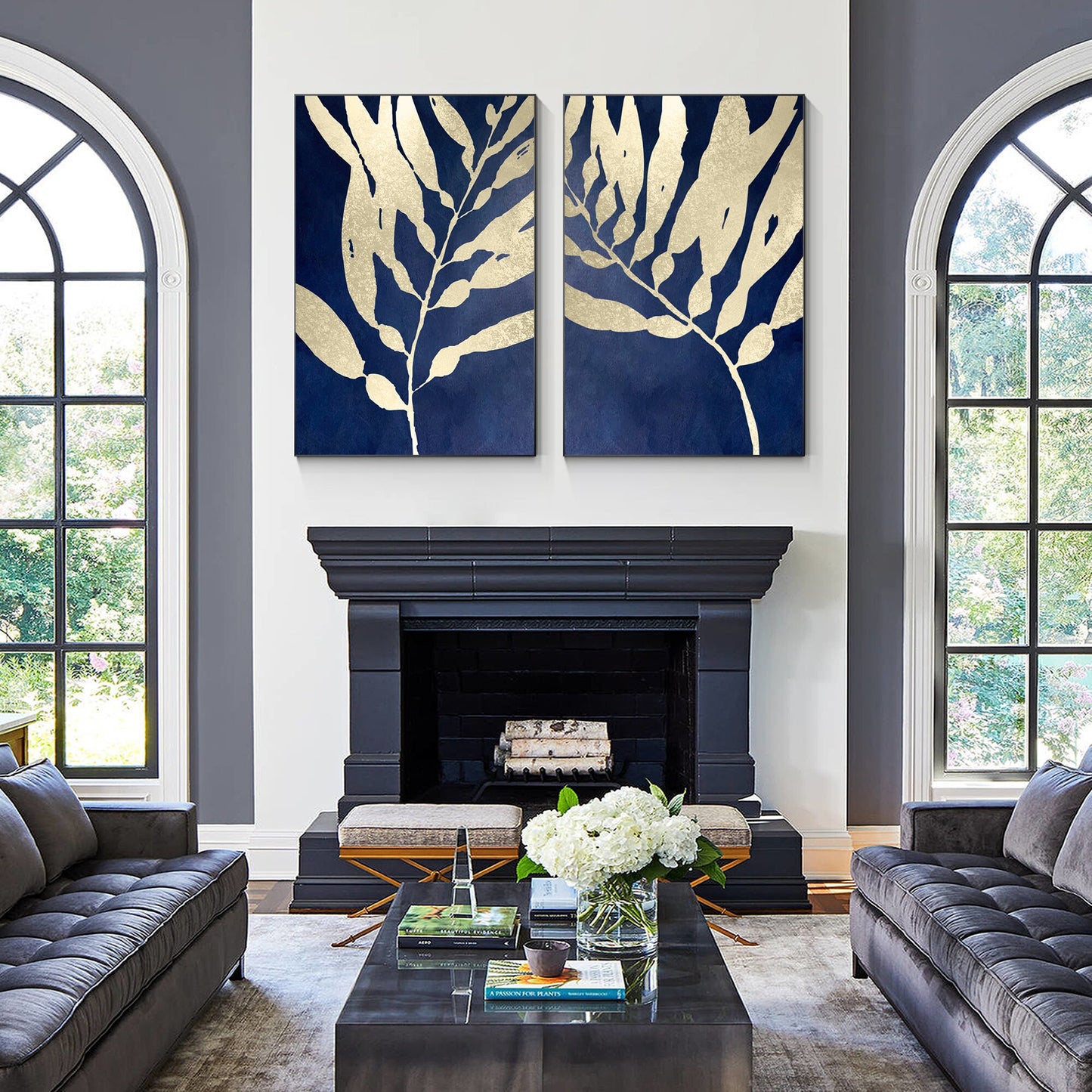 Navy Blue Gold Leaf Original Tropical Painting Diptych Wall Art, Set of 2 pieces #5