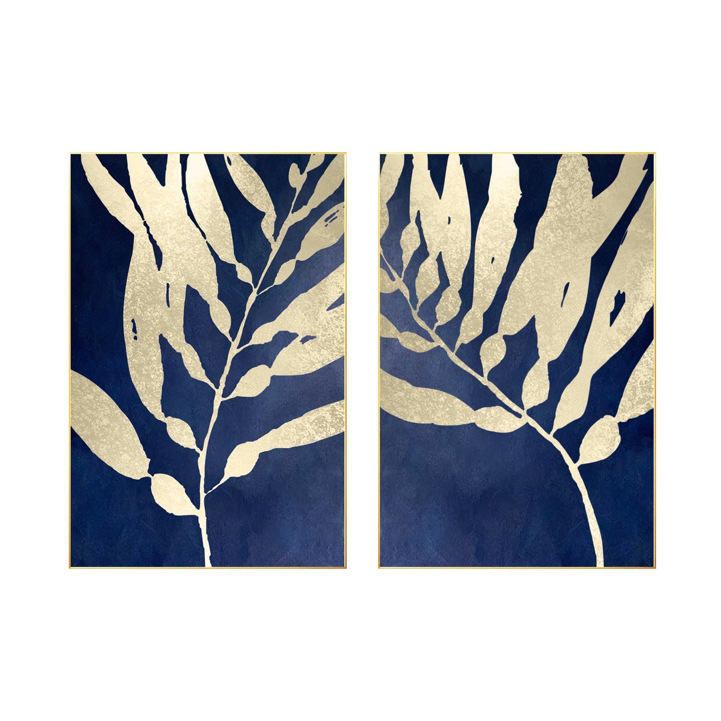 Navy Blue Gold Leaf Original Tropical Painting Diptych Wall Art, Set of 2 pieces #7