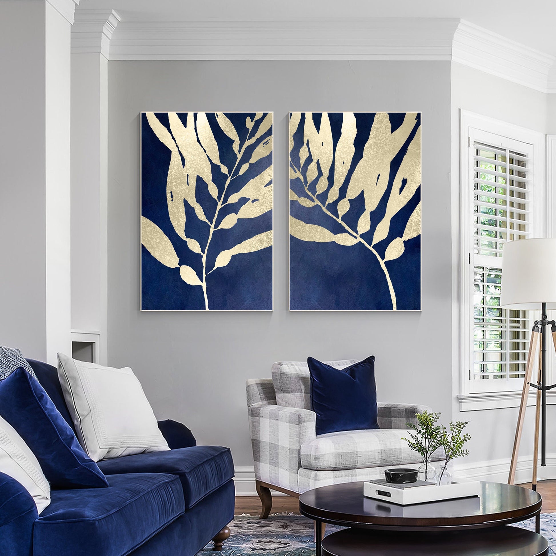 Navy Blue Gold Leaf Original Tropical Painting Diptych Wall Art, Set of 2 pieces #1