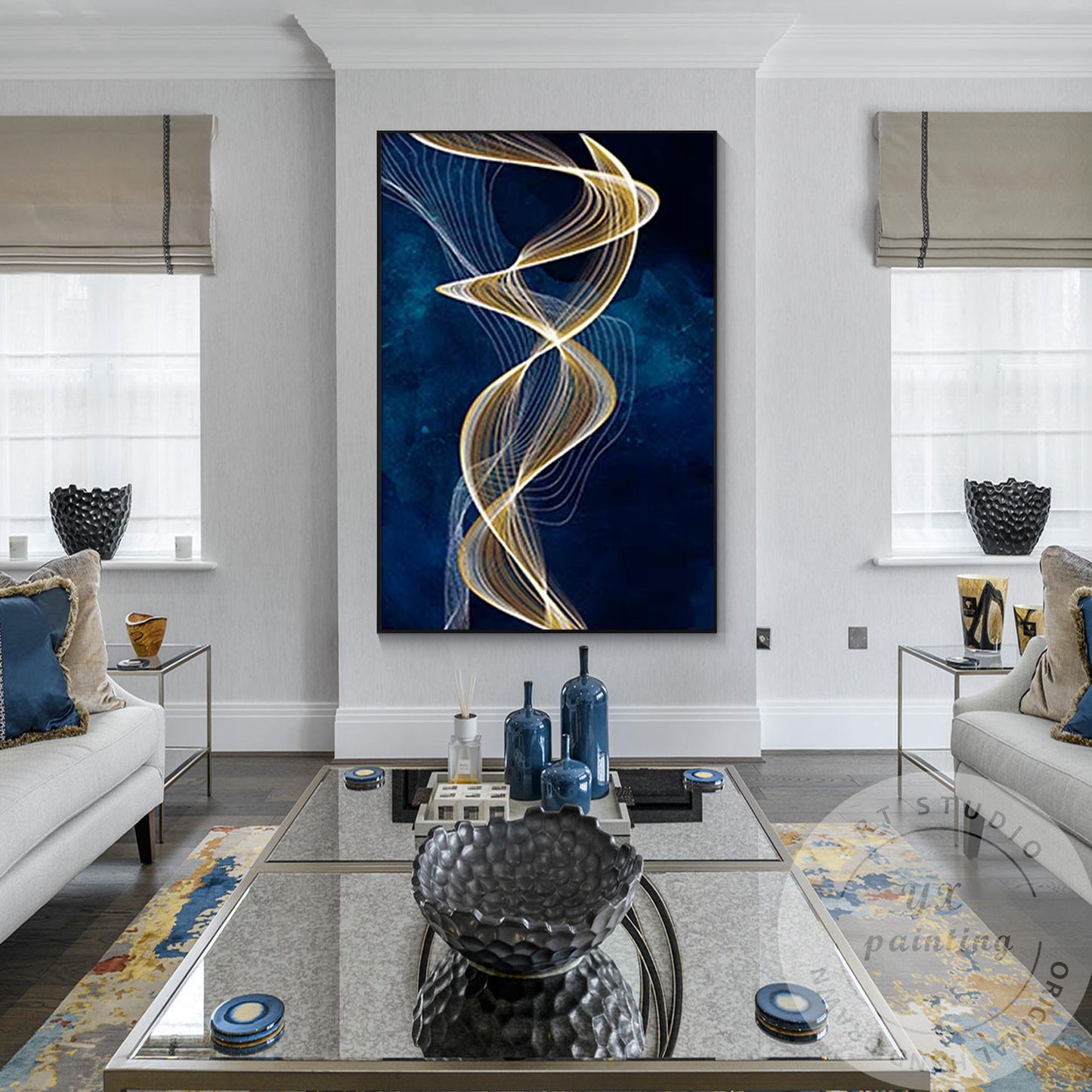Navy Blue Gold Ribbon Canvas Painting, Luxury Framed Wall Art, Contemporary Abst #2