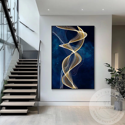 Navy Blue Gold Ribbon Canvas Painting, Luxury Framed Wall Art, Contemporary Abst #3
