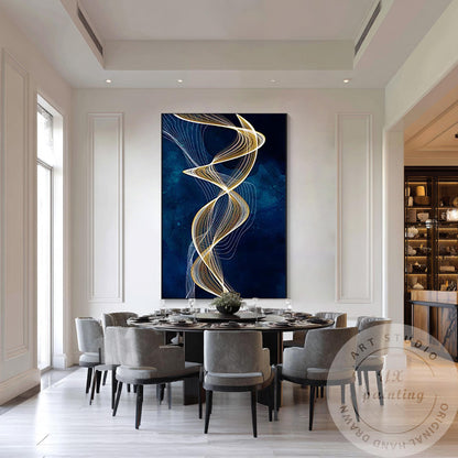 Navy Blue Gold Ribbon Canvas Painting, Luxury Framed Wall Art, Contemporary Abst #4