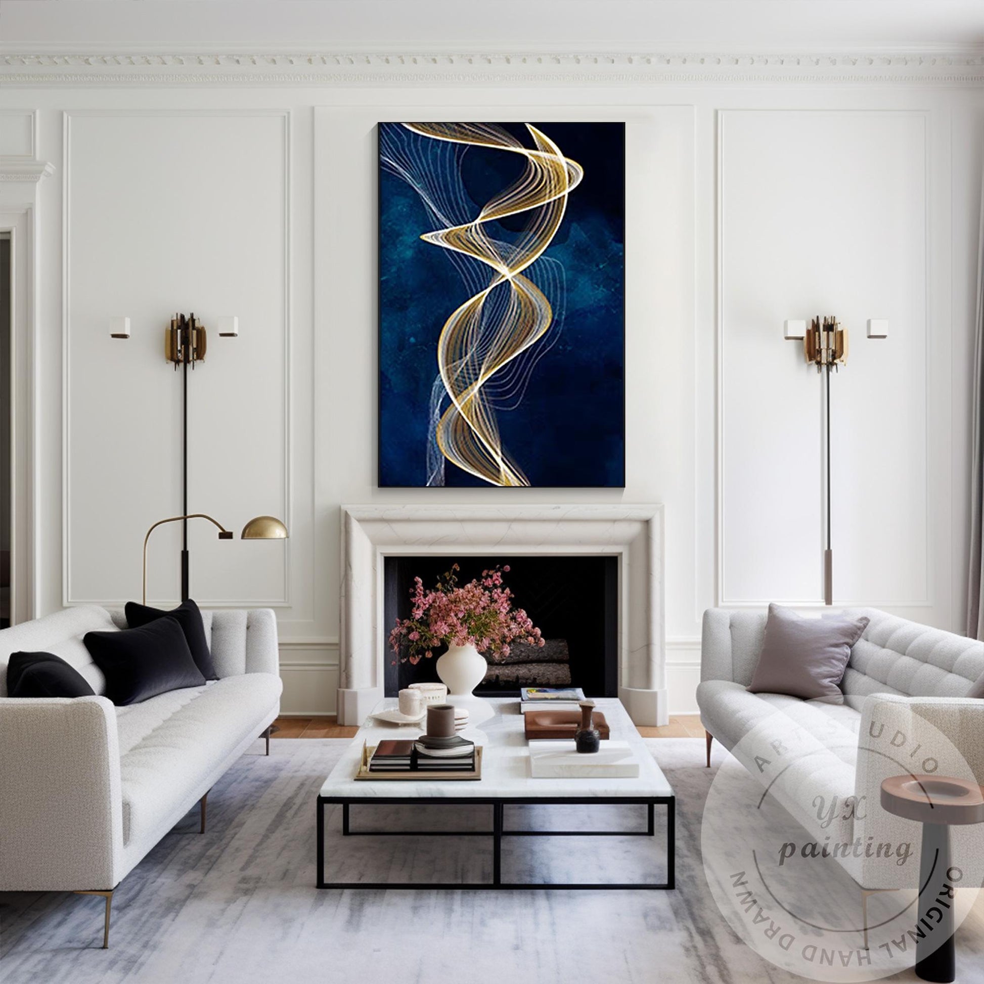 Navy Blue Gold Ribbon Canvas Painting, Luxury Framed Wall Art, Contemporary Abst #5