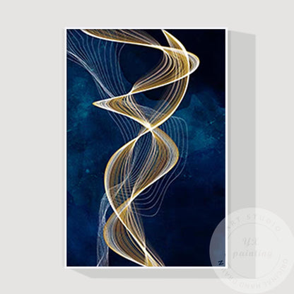 Navy Blue Gold Ribbon Canvas Painting, Luxury Framed Wall Art, Contemporary Abst #6