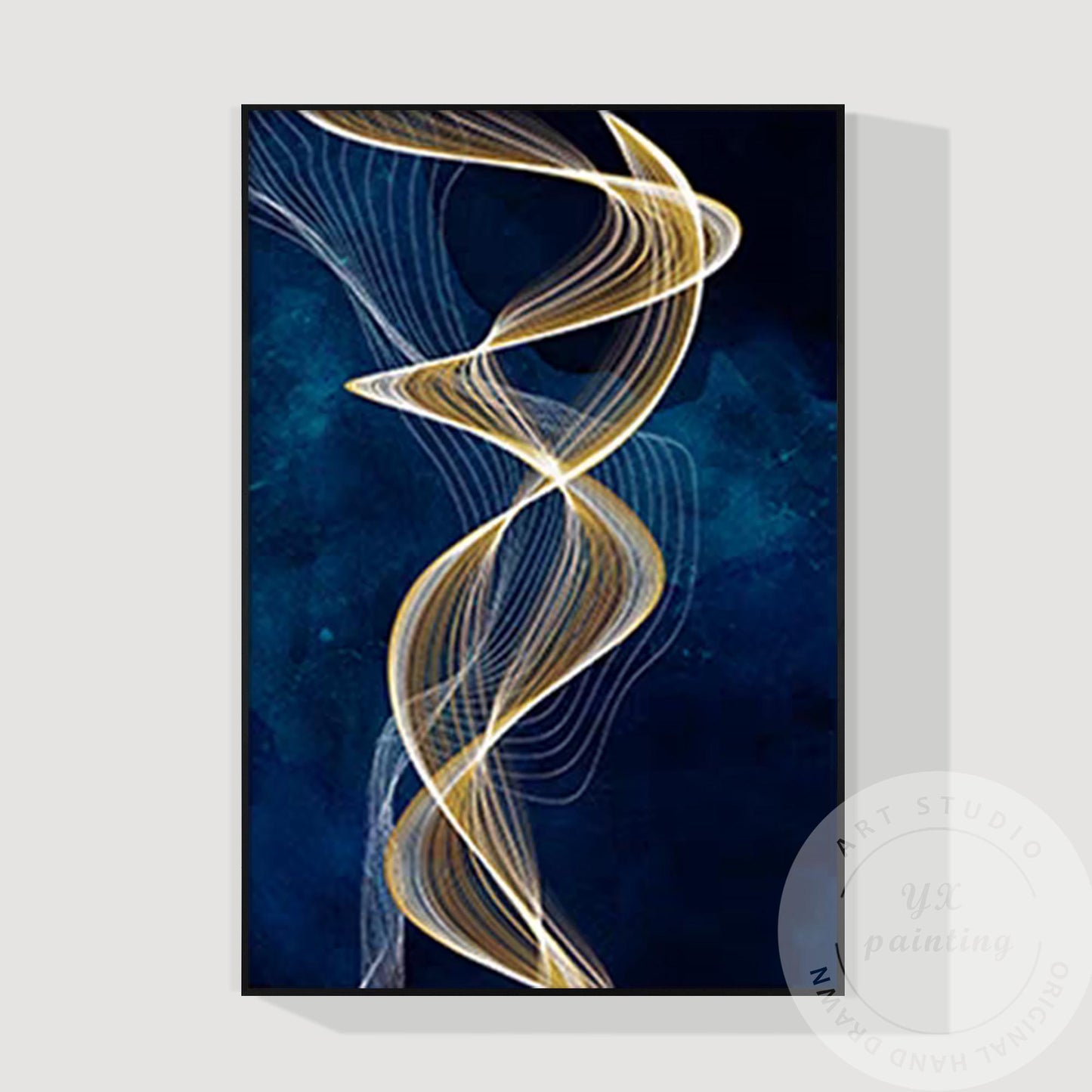Navy Blue Gold Ribbon Canvas Painting, Luxury Framed Wall Art, Contemporary Abst #7