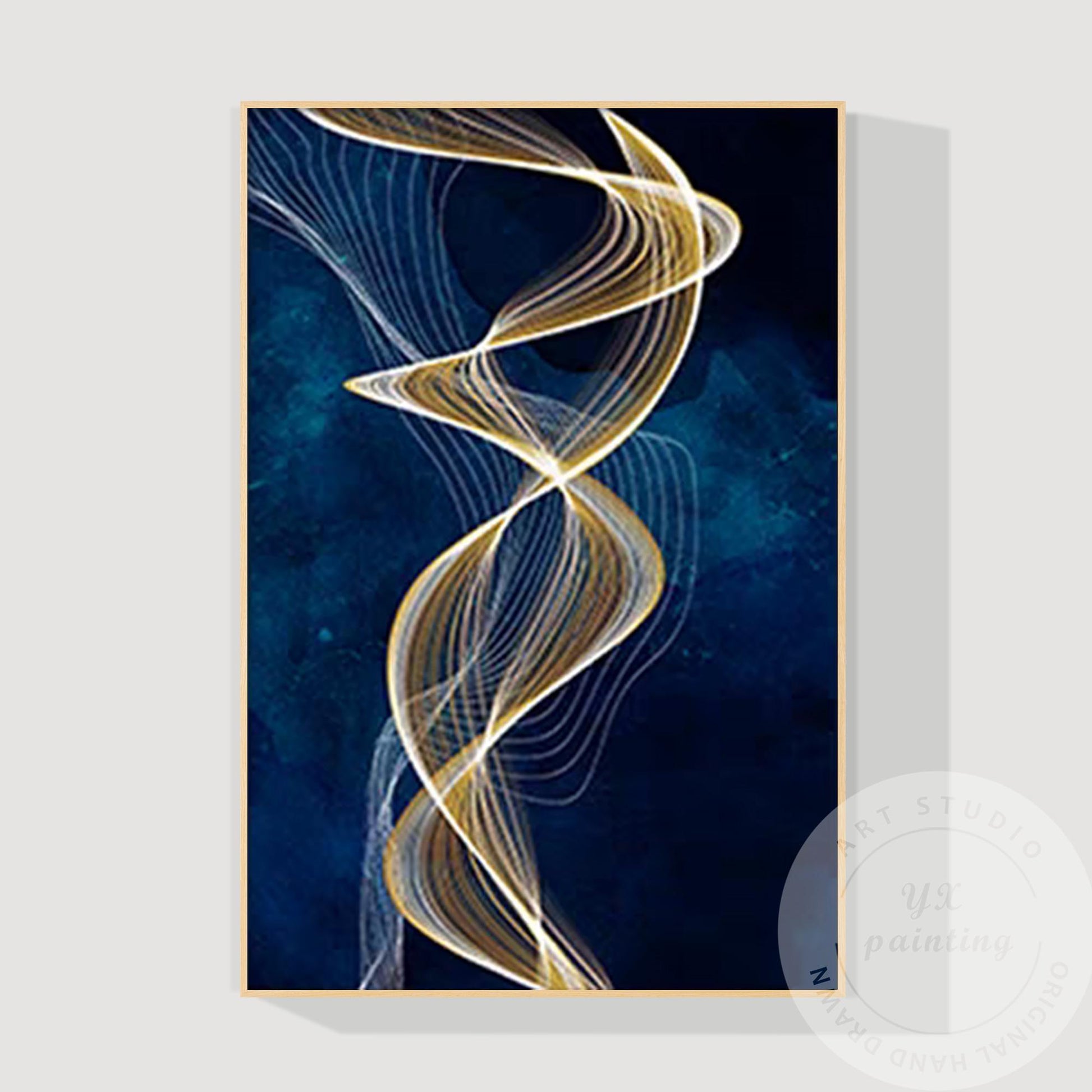 Navy Blue Gold Ribbon Canvas Painting, Luxury Framed Wall Art, Contemporary Abst #8