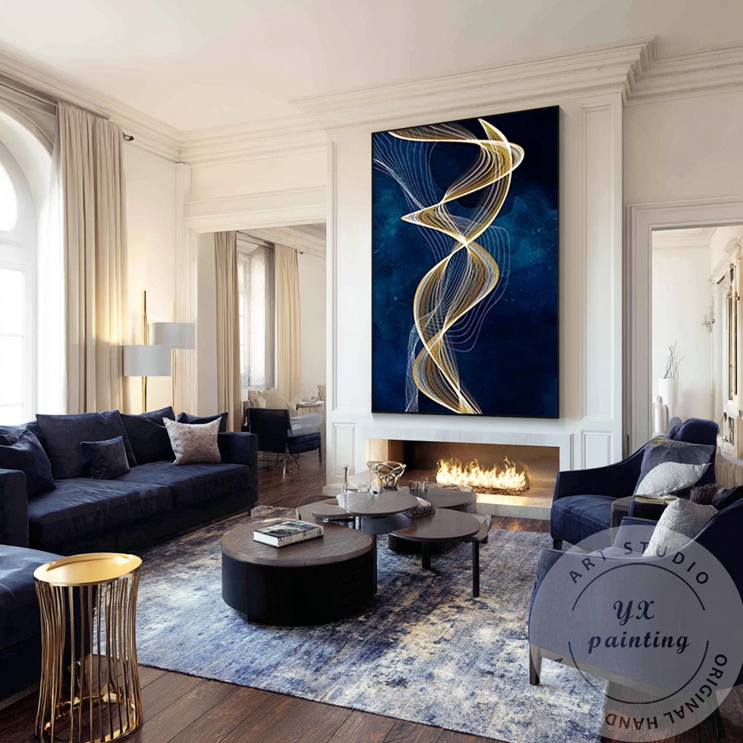 Navy Blue Gold Ribbon Canvas Painting, Luxury Framed Wall Art, Contemporary Abst #1